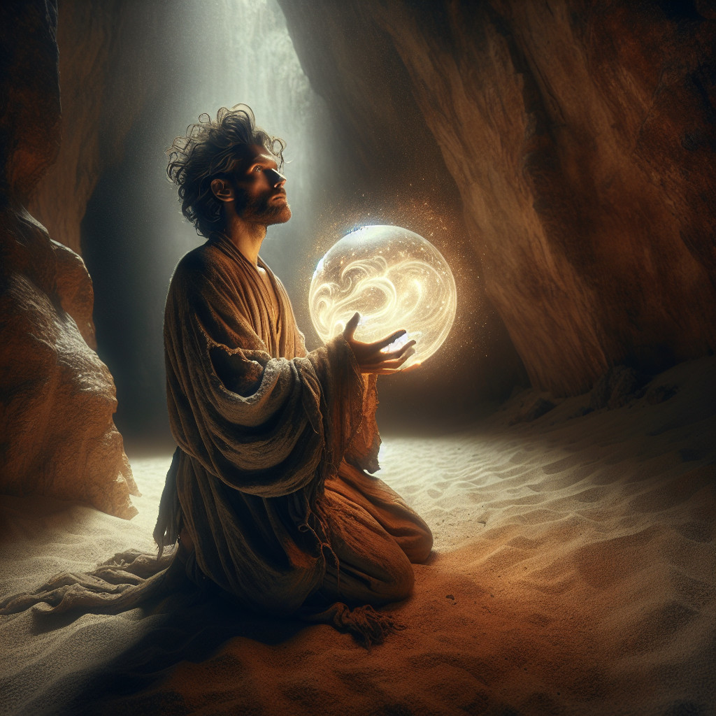 Mystical Cave Scene with Luminous Orb and Man