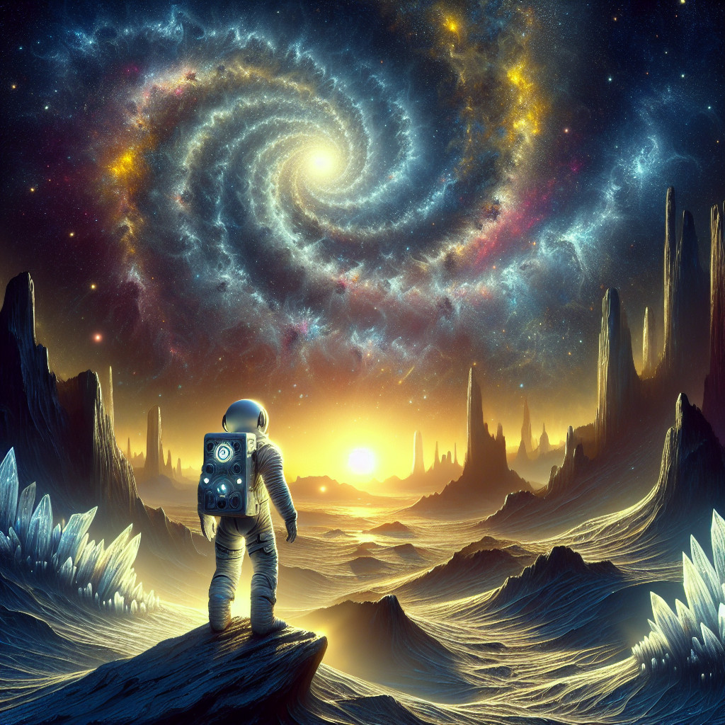 Astronaut on Alien Landscape with Spiral Galaxy View