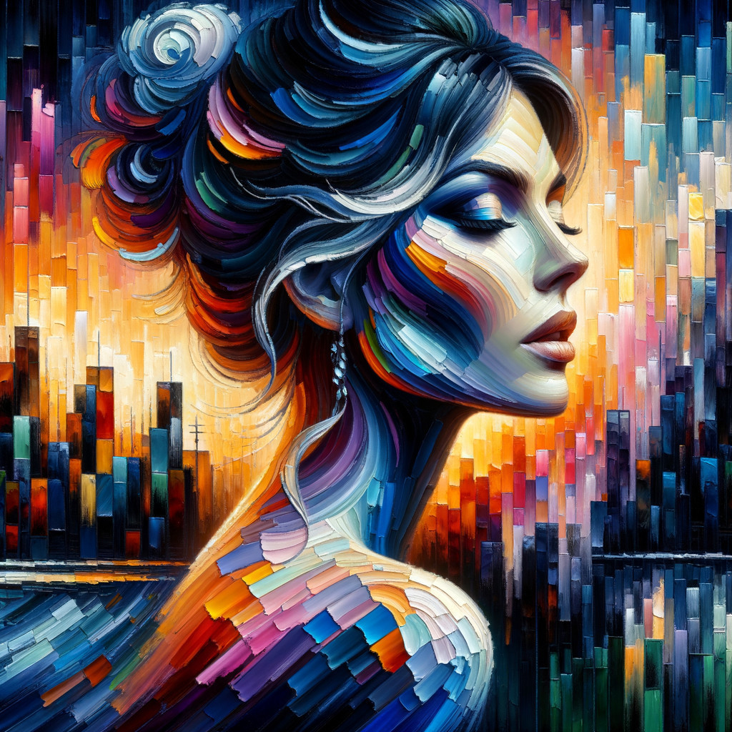 Vibrant Profile of Woman Against Abstract Cityscape