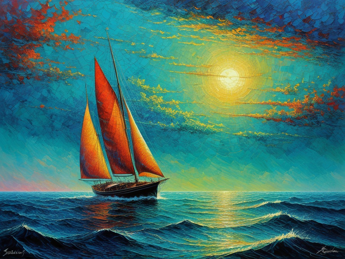 Impressionistic Oil Painting of Sailboat on Ocean Waves
