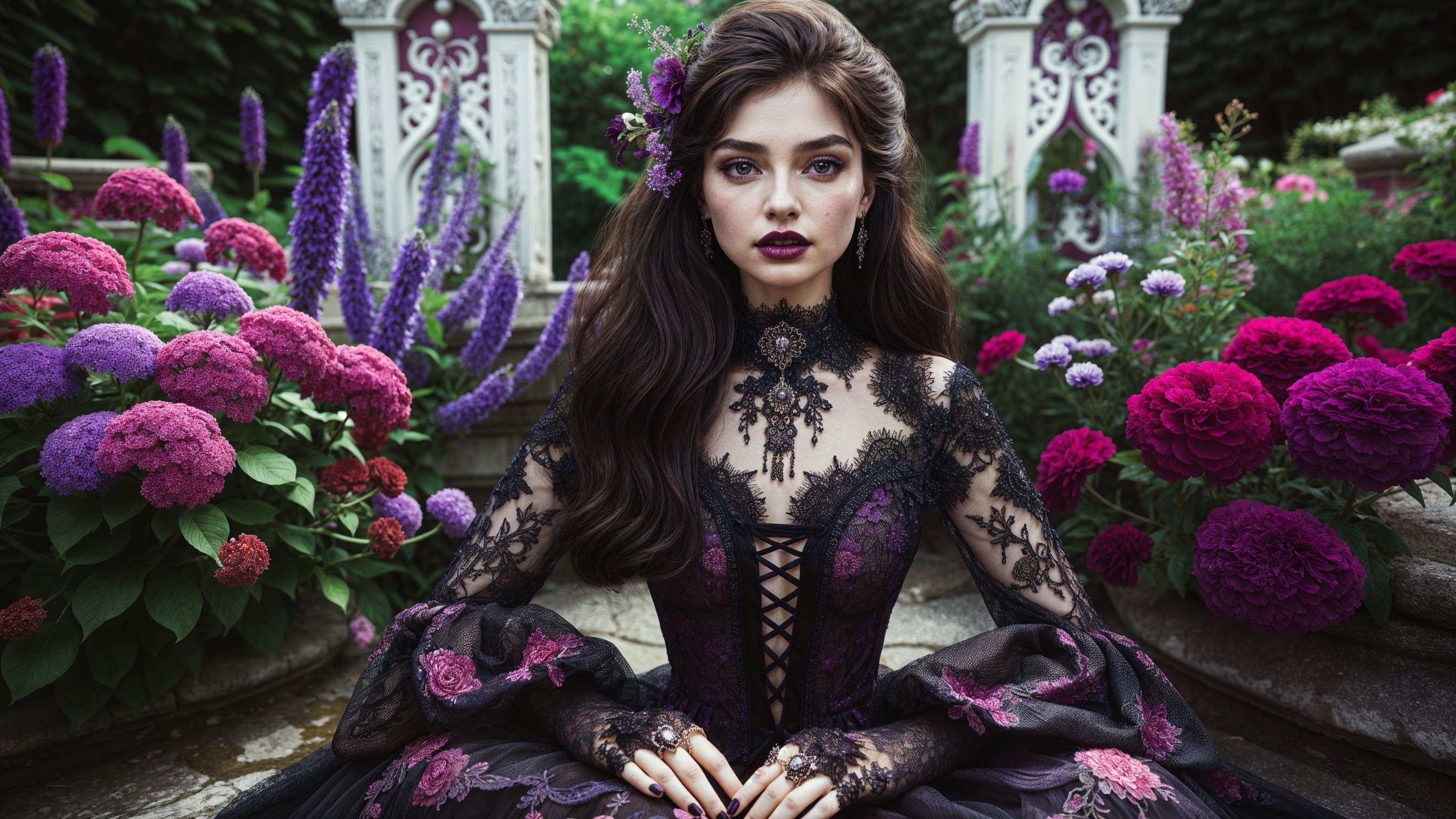 Elegant Woman in Ornate Black Gown in Garden