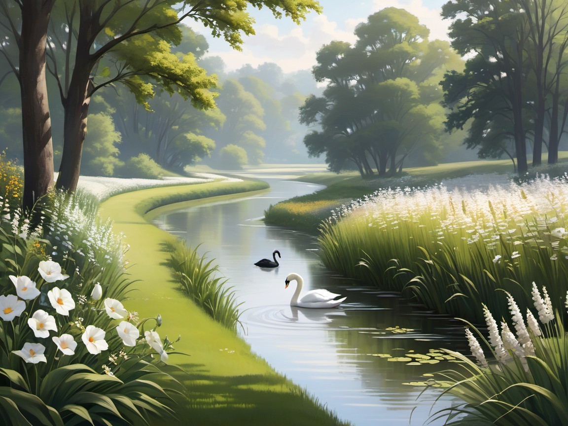 Serene River Landscape with Lush Greenery and Wildlife
