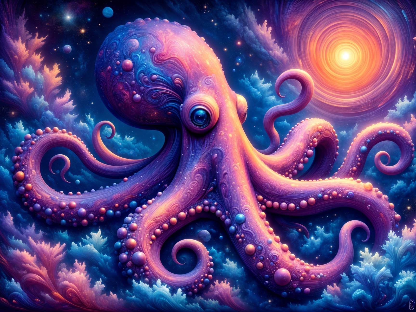 Surreal Octopus in Cosmic Underwater Scene