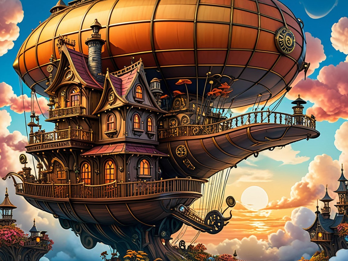 Whimsical Steampunk Airship Above a Vibrant Landscape