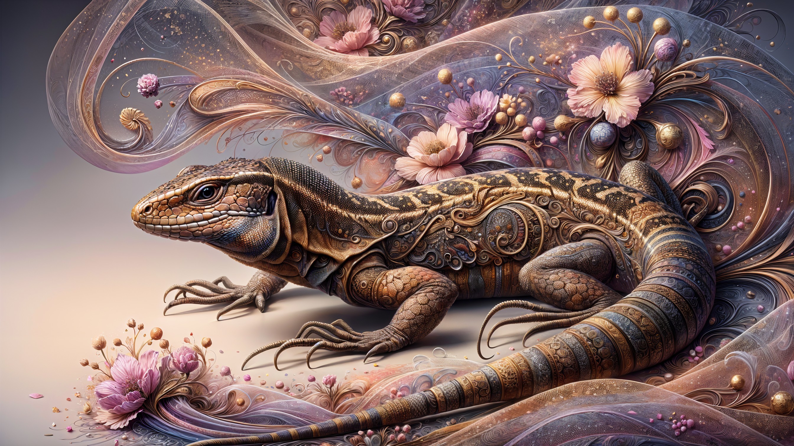 Intricate Illustration of a Lizard with Floral Elements