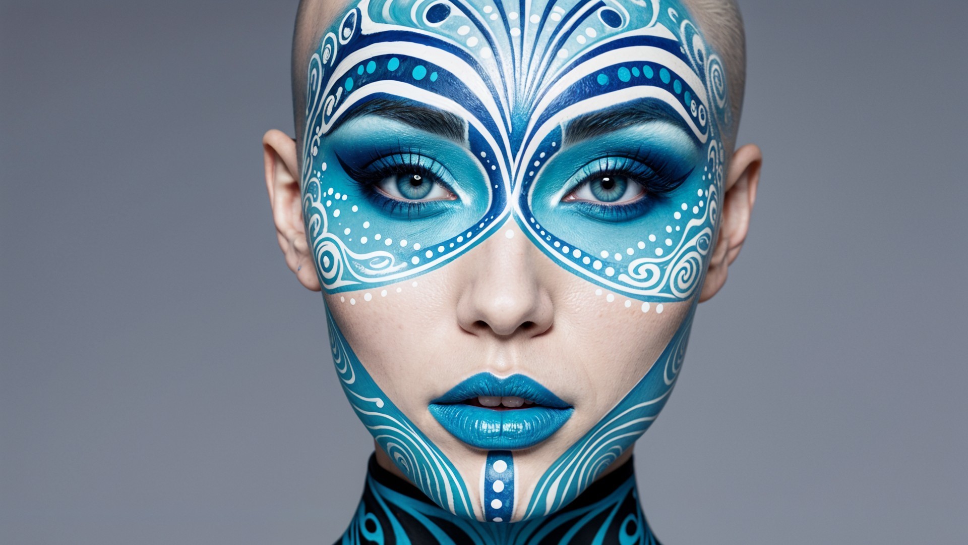Close-up of Model with Blue Body Paint and Makeup