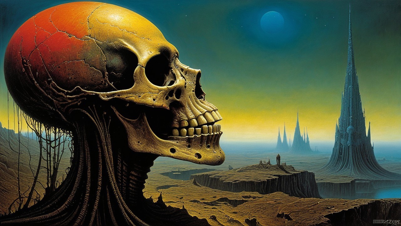 Vibrant Skull in Surreal Landscape with Dark Sky