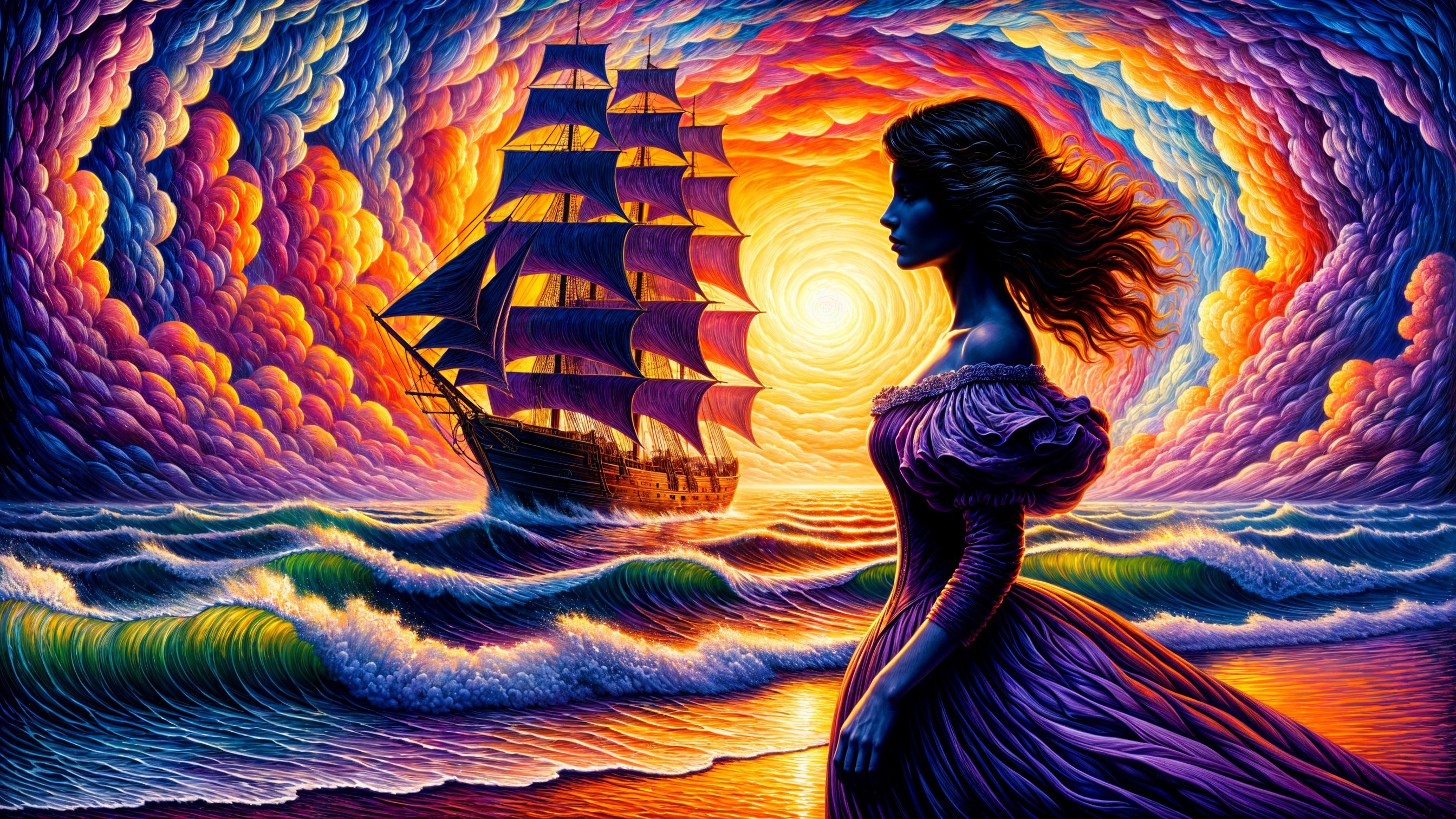 Silhouette of a Woman by a Sailing Ship at Sunset