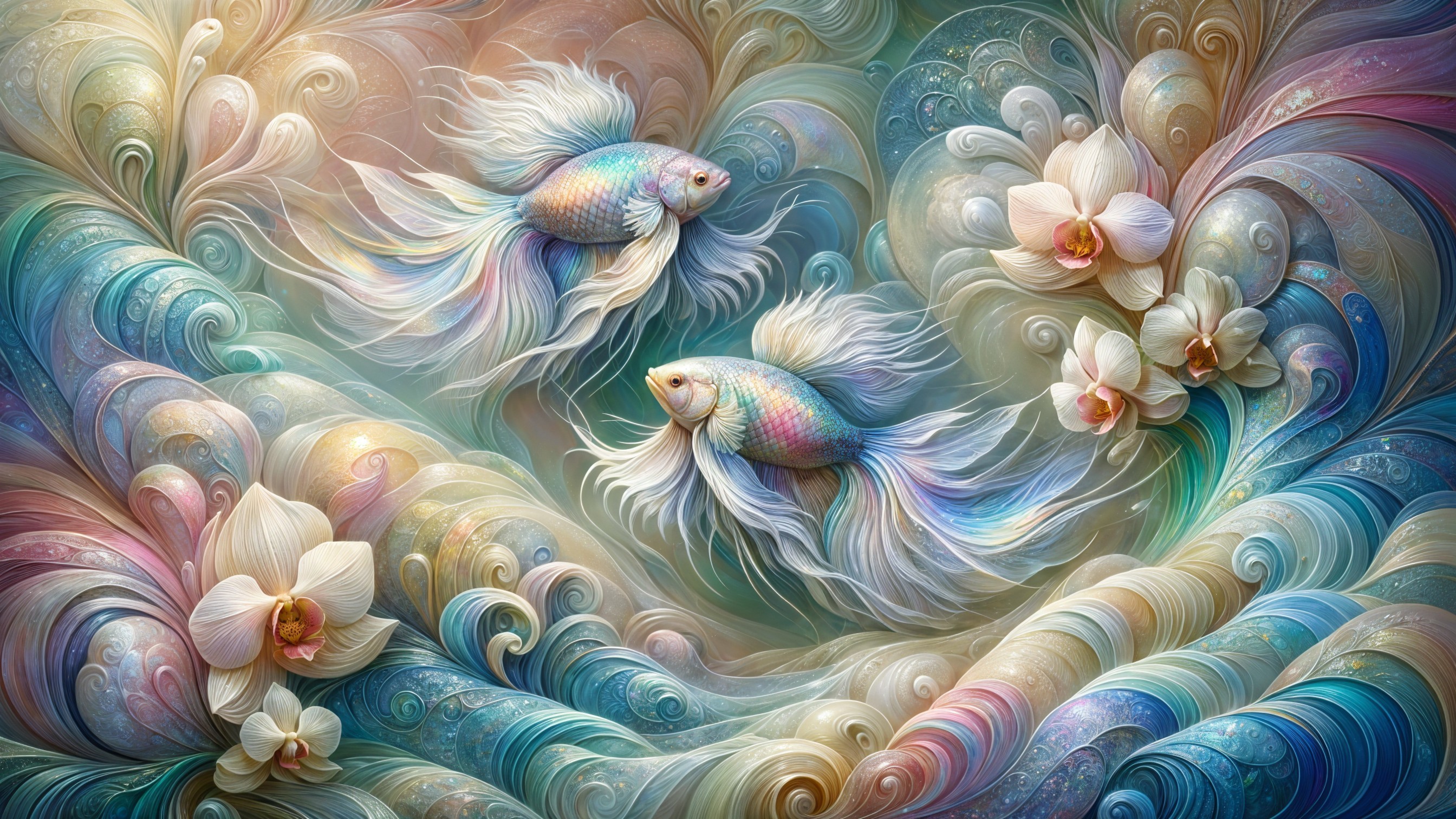 Underwater Scene with Goldfish and Orchids