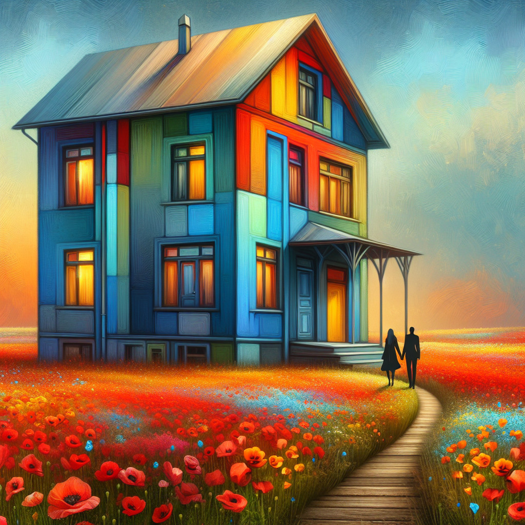 Colorful house in a field of blooming red poppies