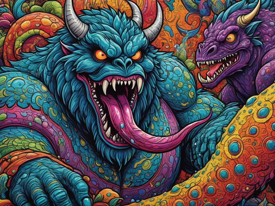 Vibrant Fantastical Creatures in Surreal Setting