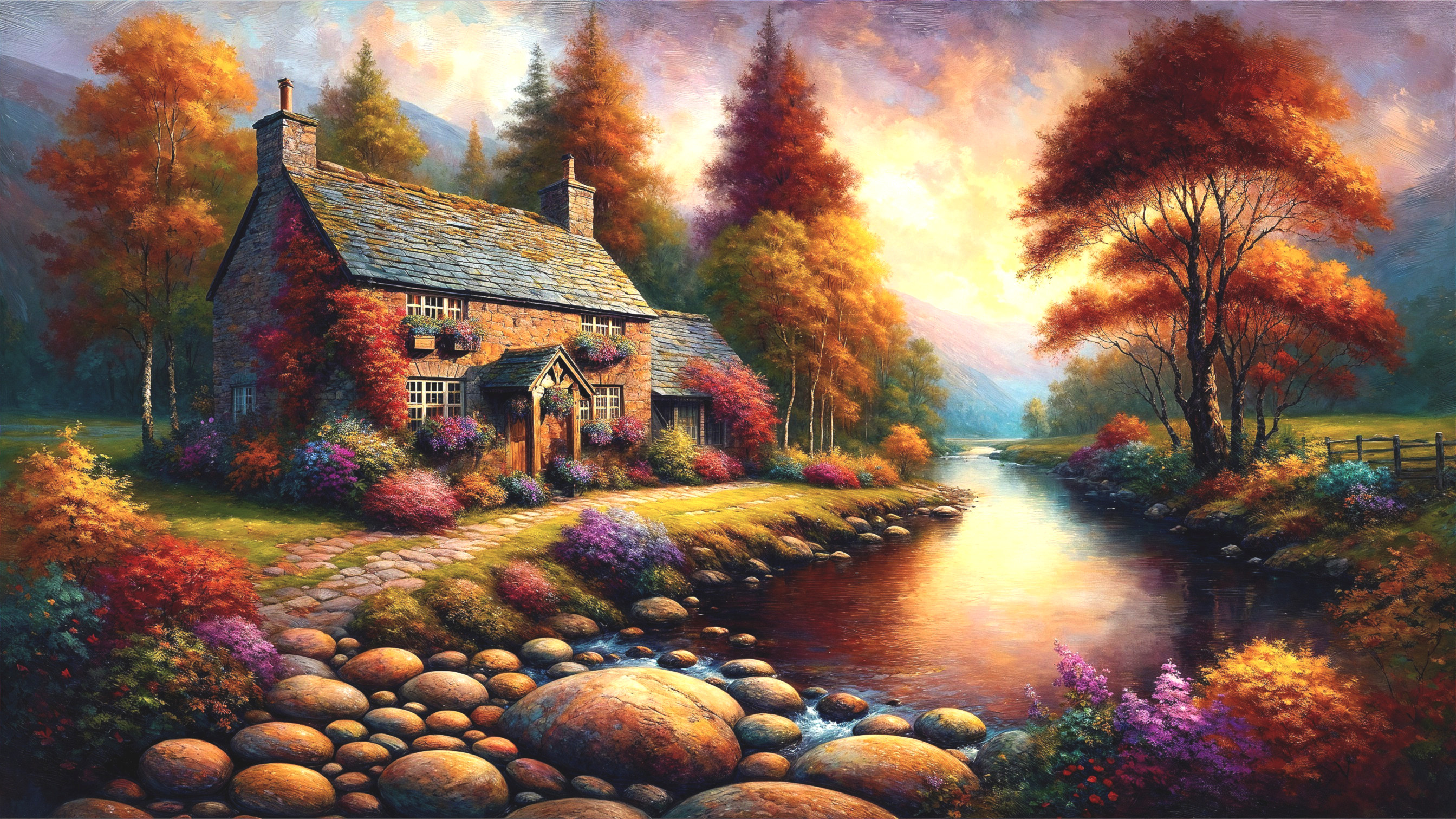 Charming Cottage by River Surrounded by Autumn Foliage