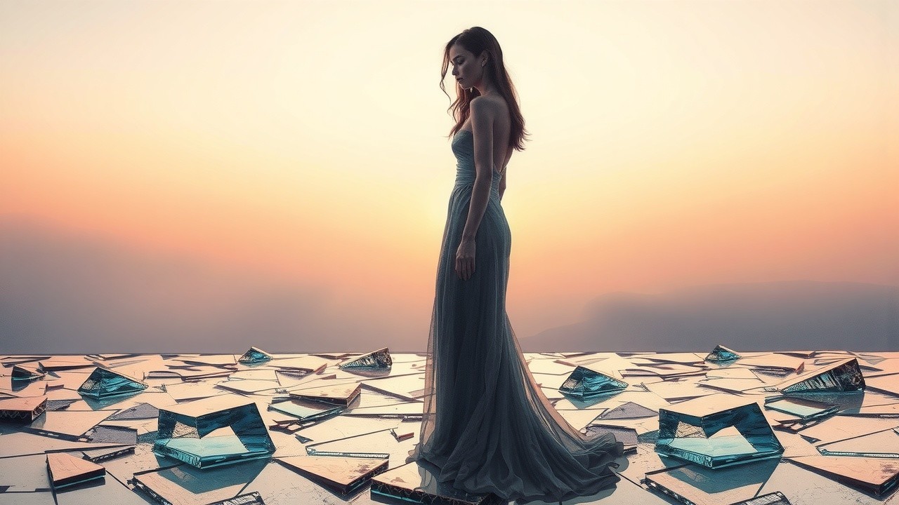 Woman in ethereal gown on reflective glass surface