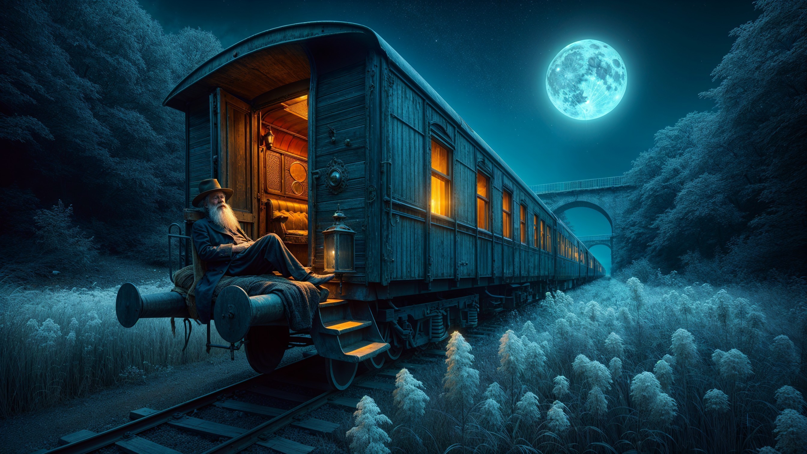 Serene Night Scene of Train Car and Elderly Man