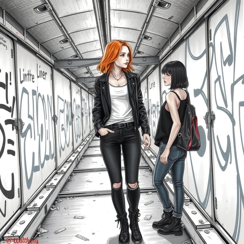 Young Women in Graffiti-Decorated Train Car