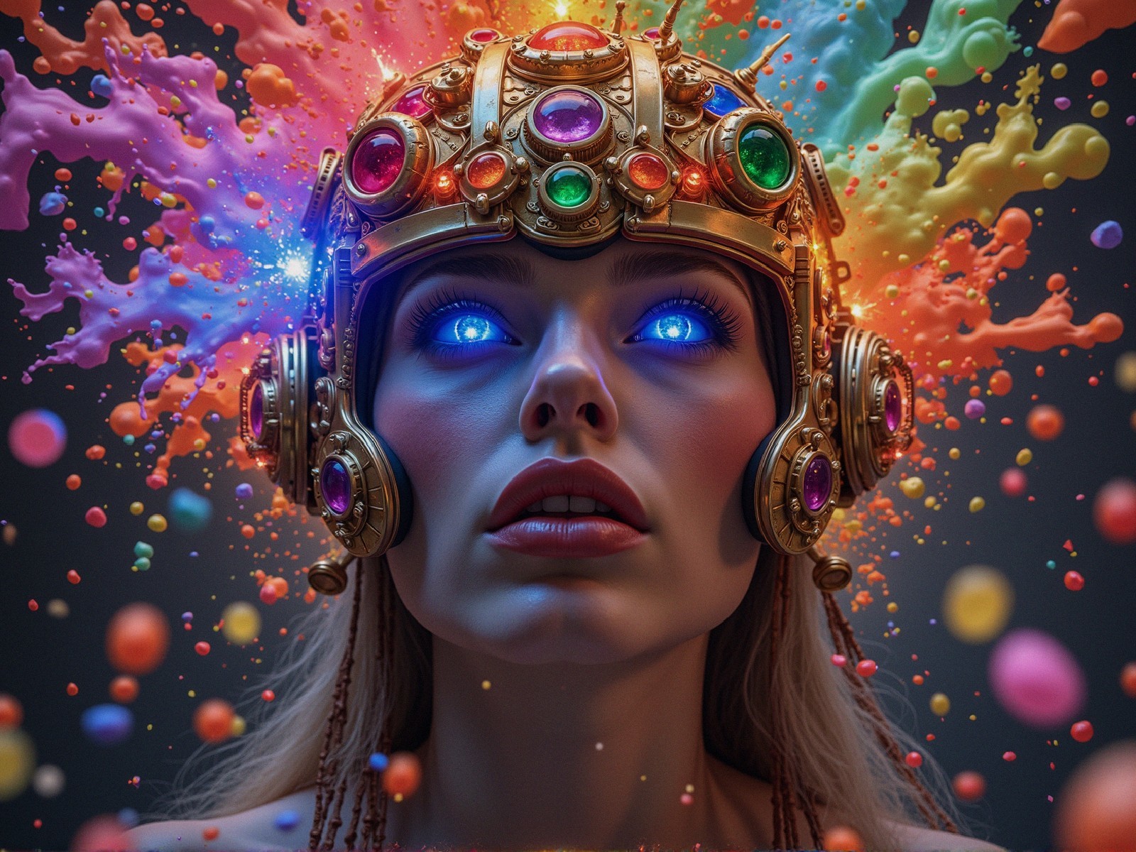 Striking Woman with Golden Headdress and Colorful Jewels