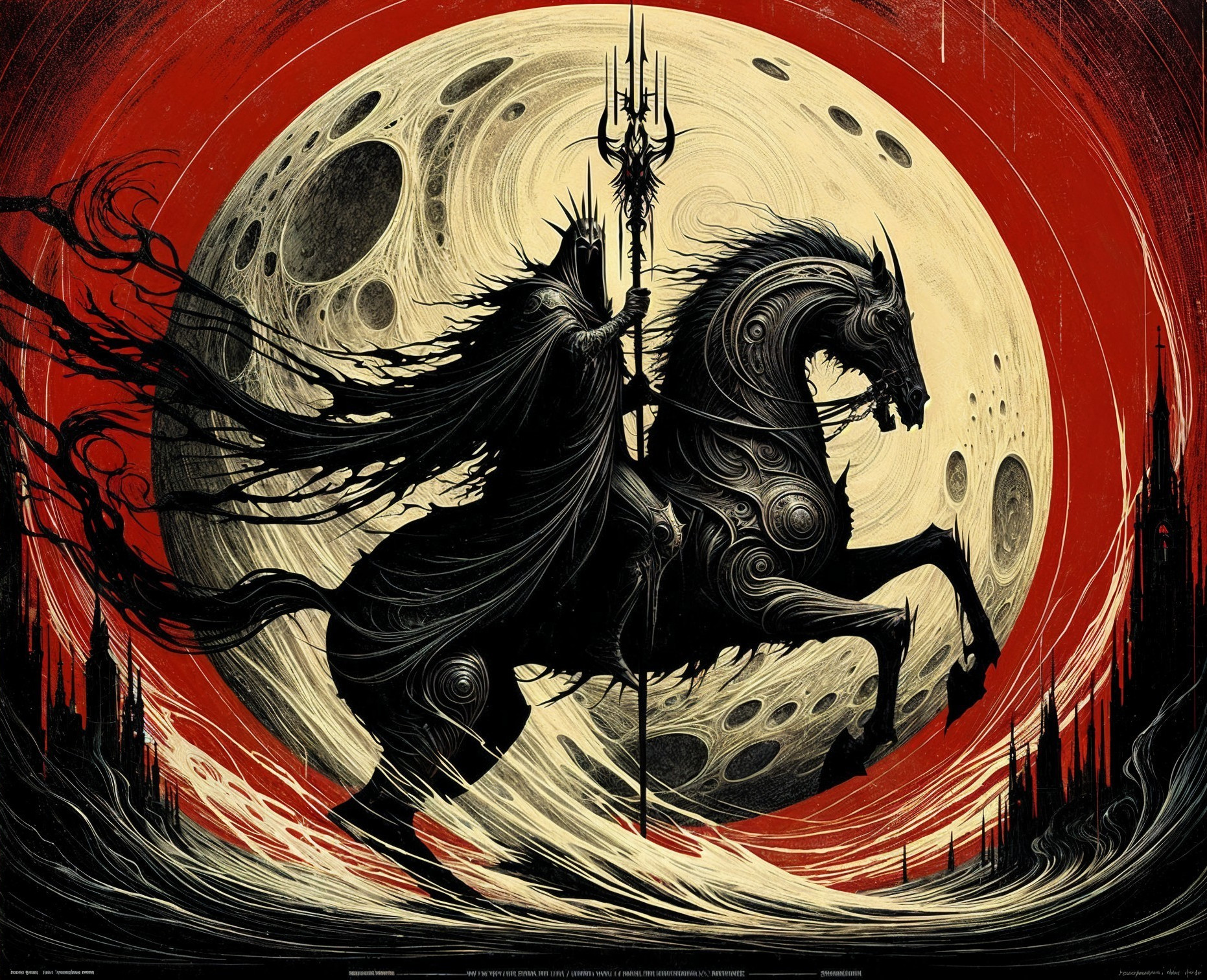 Dark Figure on Horse Under Glowing Moonlight