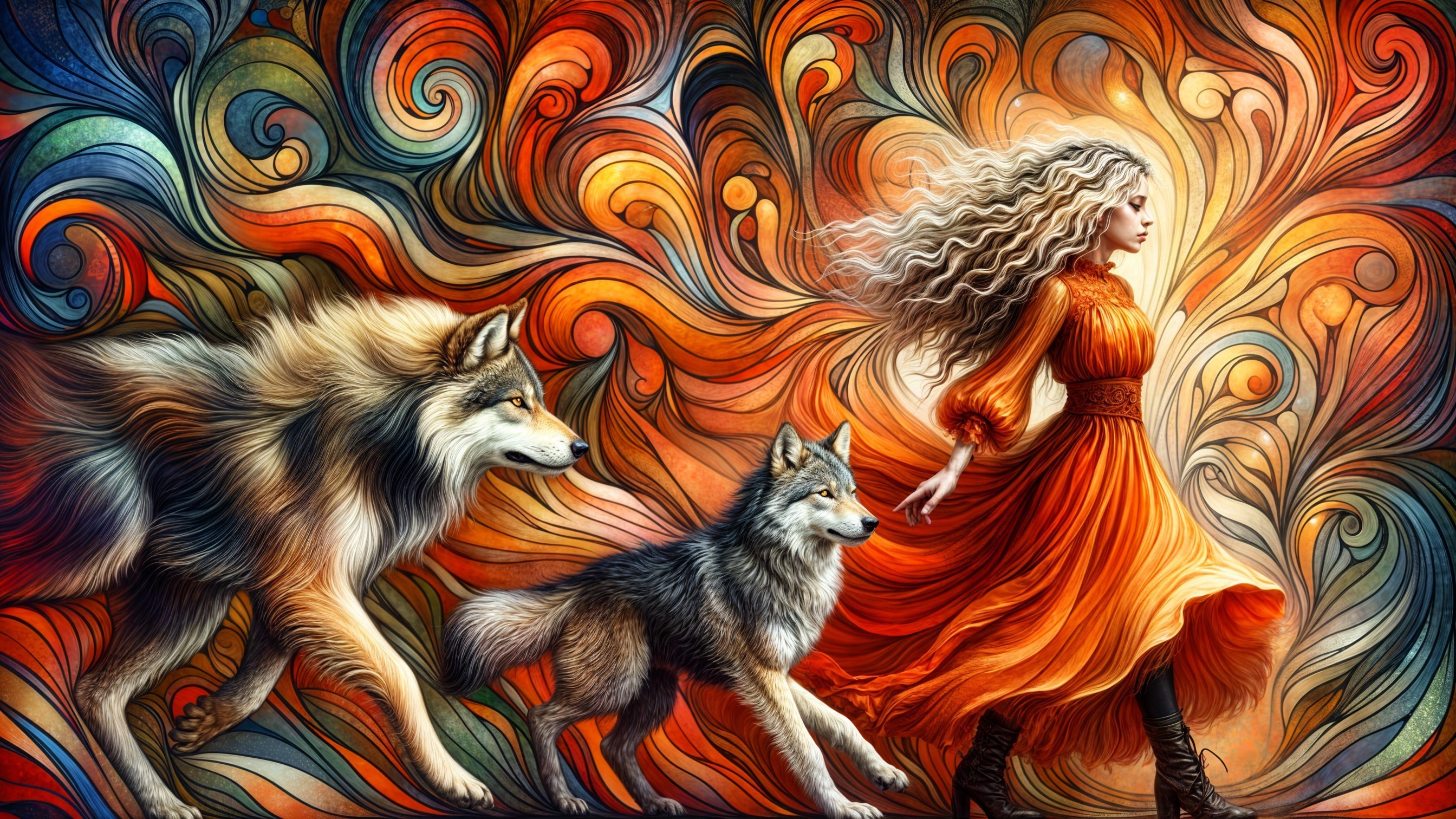 Young woman in orange dress walking with wolves