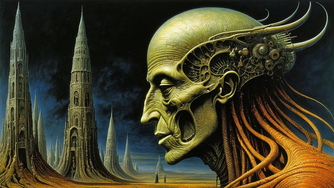 Surreal Landscape with Metallic Human Head and Spires