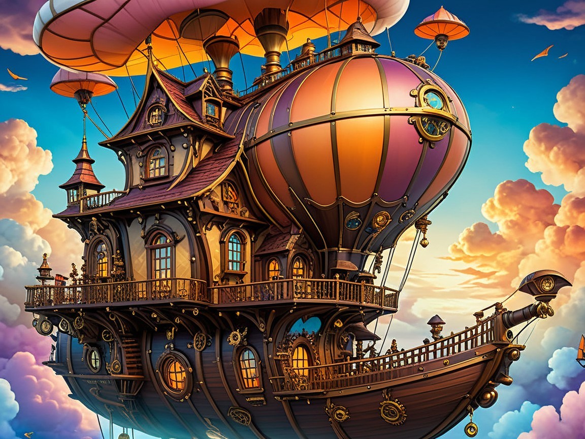 Ornate Whimsical Airship with Colorful Balloons