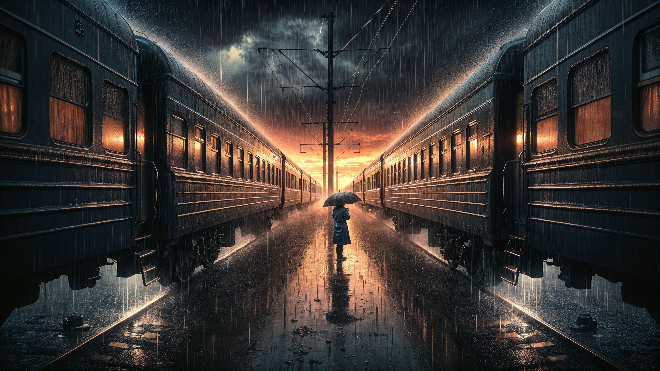 Lone Figure at Rainy Train Station During Sunset