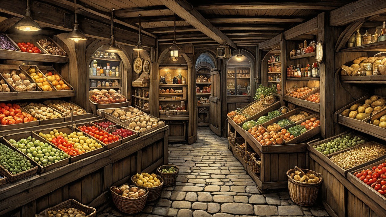 Rustic market with fresh produce and wooden stalls