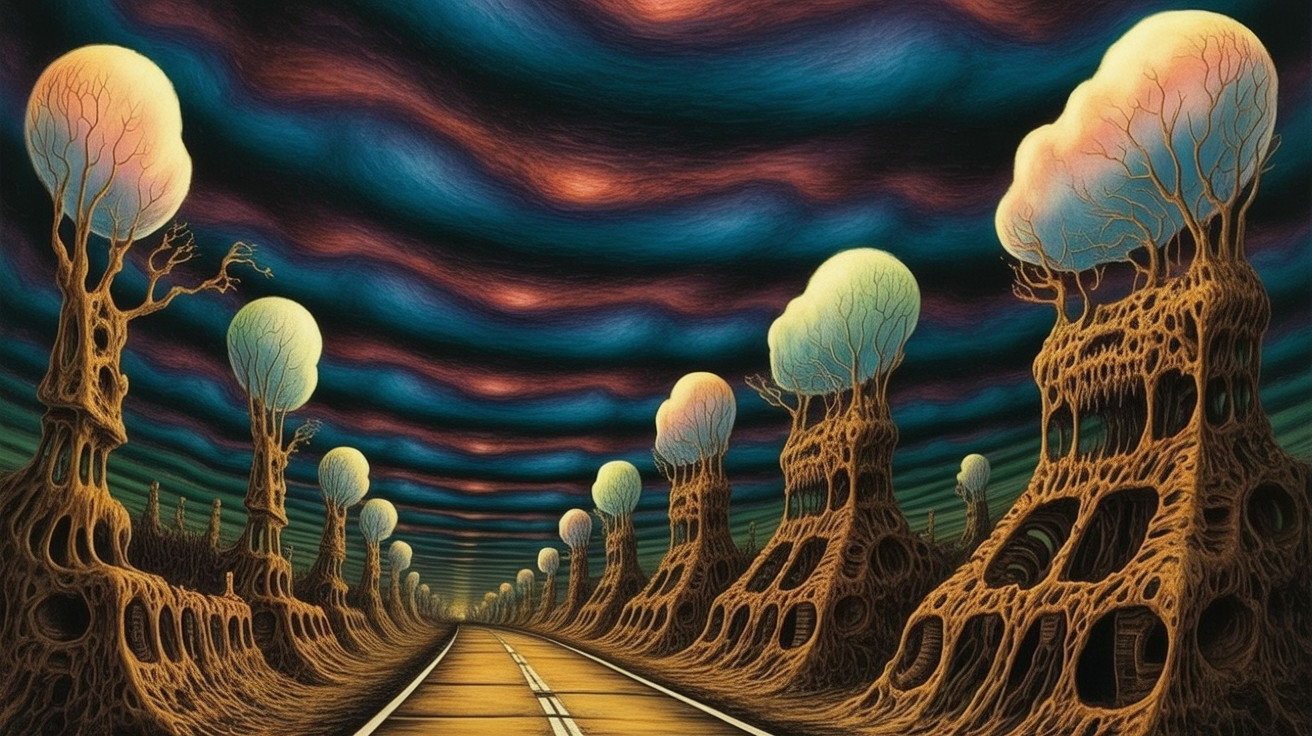 Surreal Landscape with Winding Road and Unique Trees