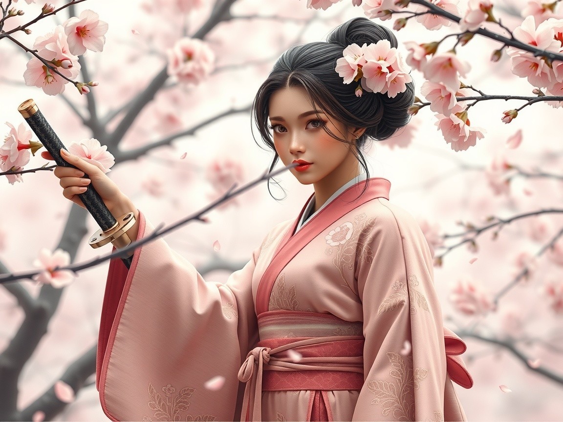 Young Woman in Kimono Surrounded by Cherry Blossoms