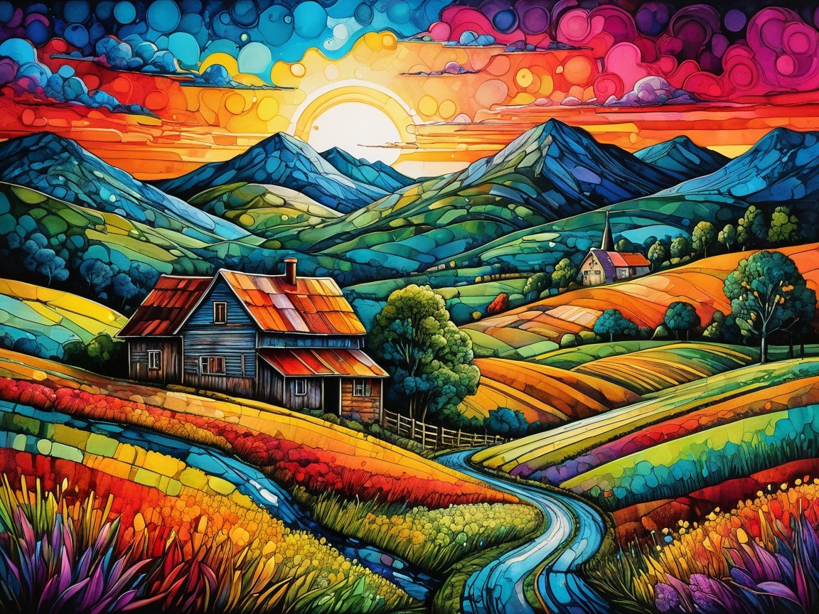 Vibrant Landscape with Colorful Fields and House