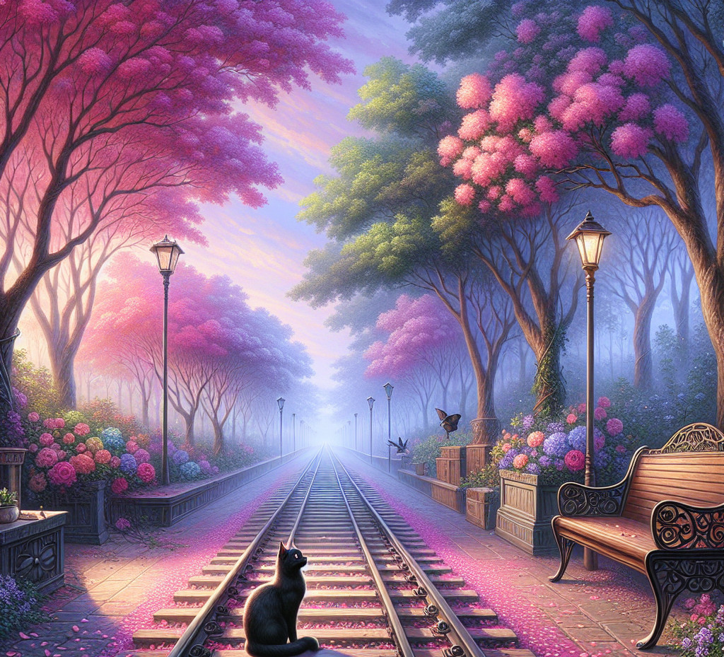 Serene Pathway with Pink Trees and Vintage Lamp Posts