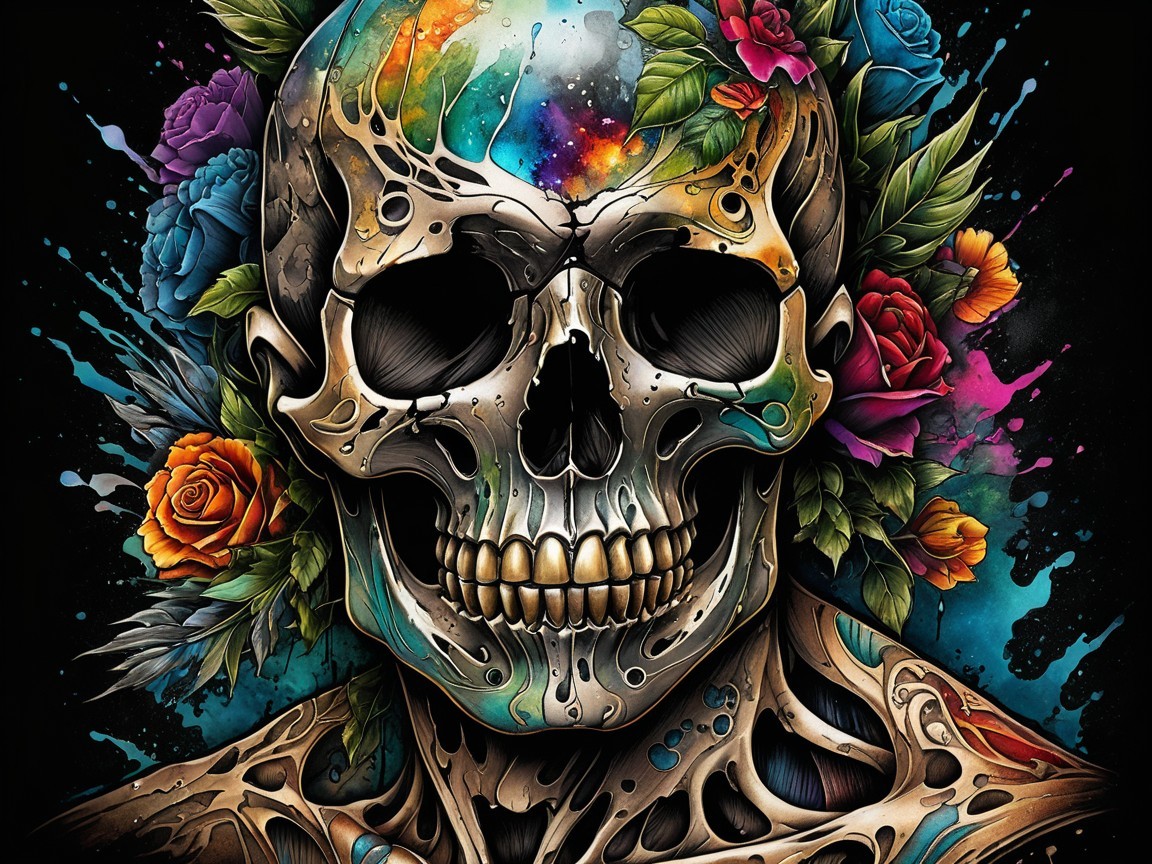 Vivid Skull with Floral Elements and Dark Background