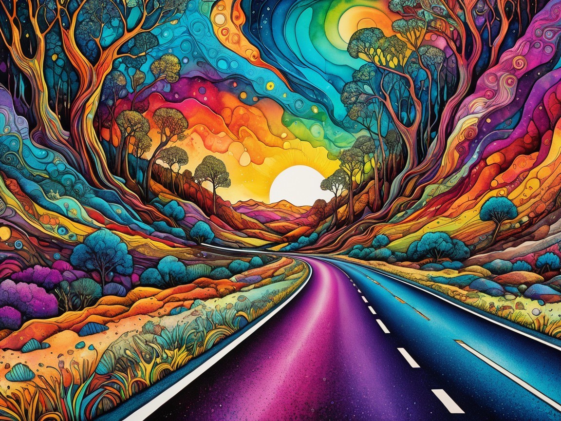 Psychedelic Landscape with Winding Road and Sunset