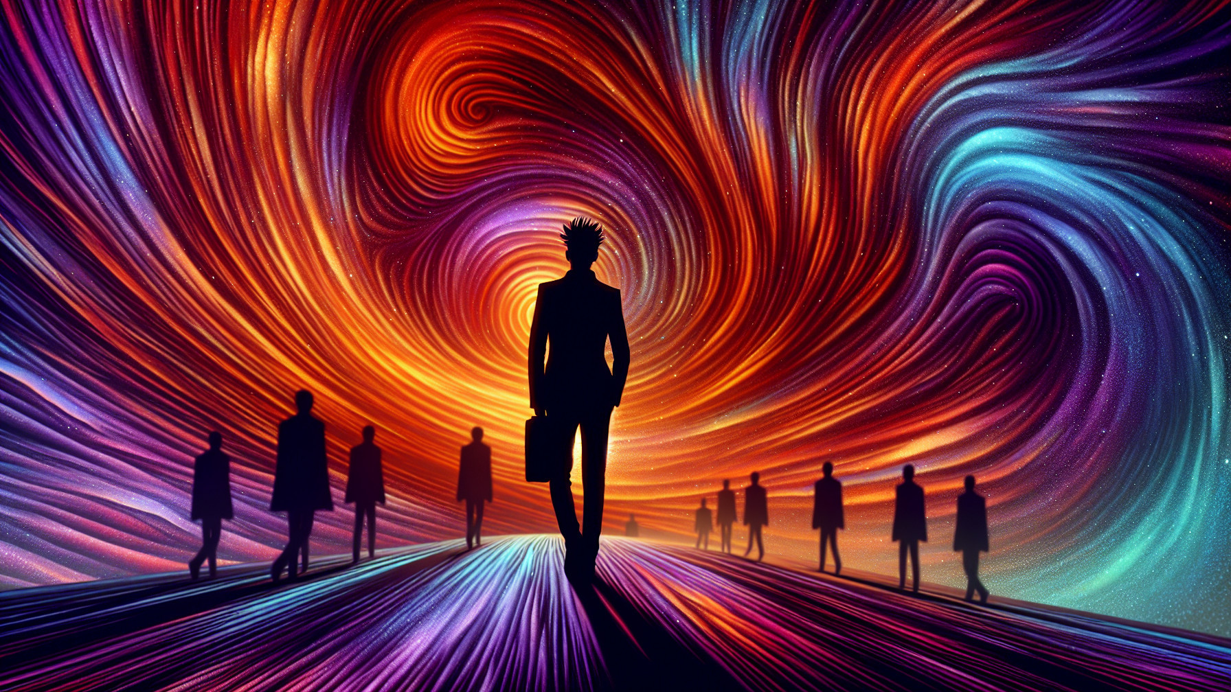 Silhouetted Figure Against Cosmic Colorful Swirl