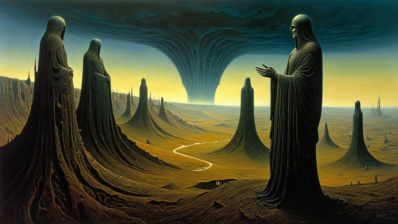 Surreal Landscape with Shadowy Figures and Vortex