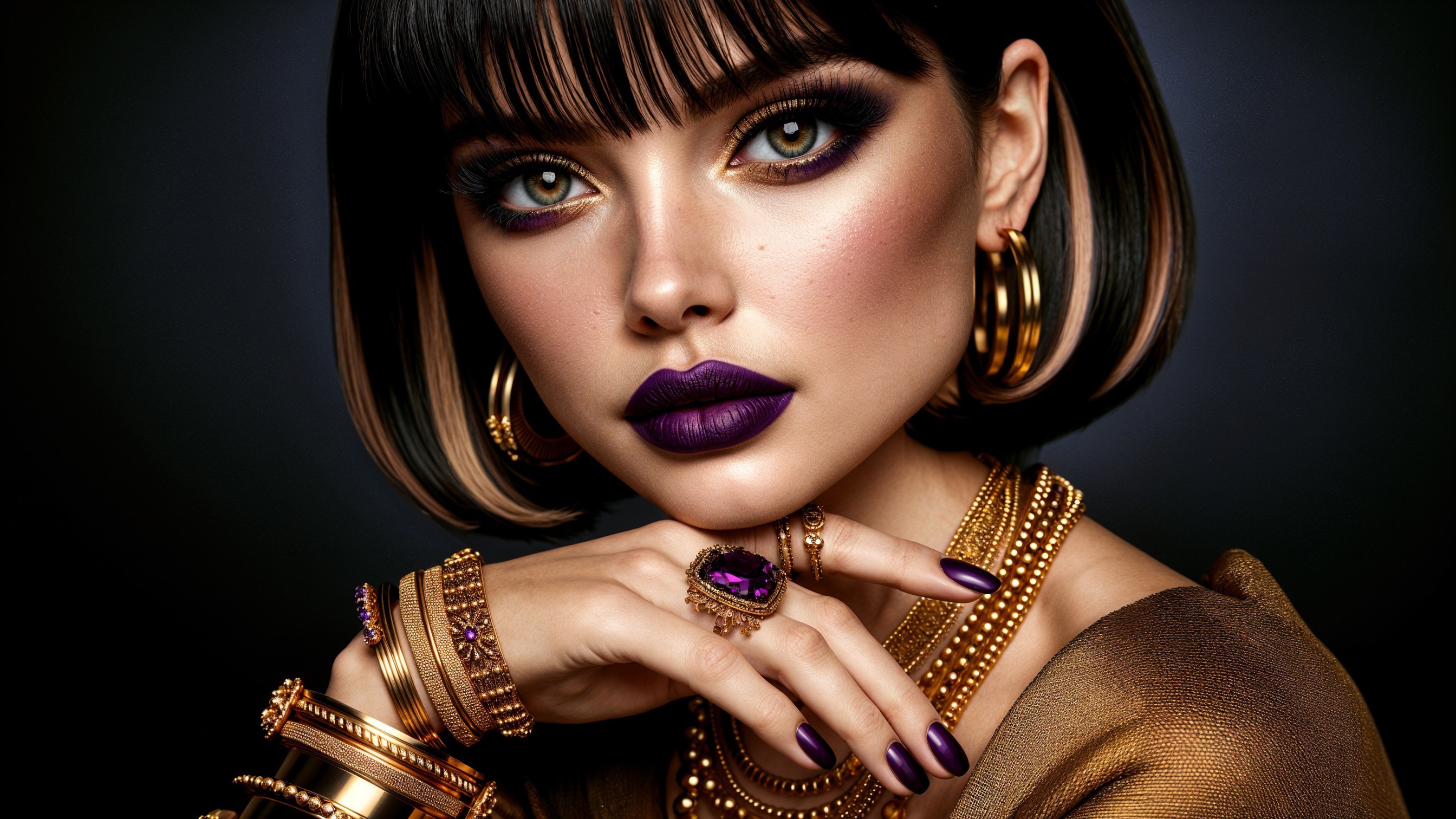 Portrait of a woman with bold makeup and jewelry