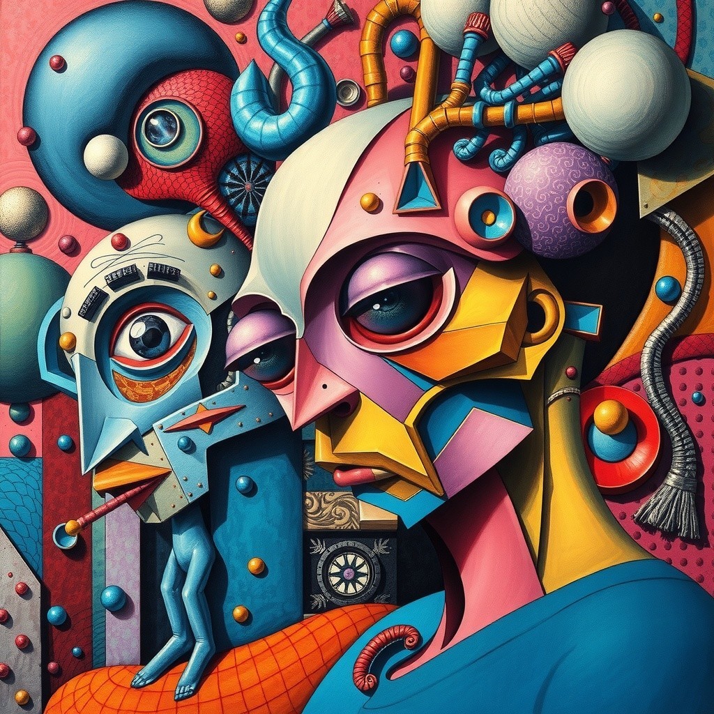 Surreal Abstract Composition with Stylized Faces