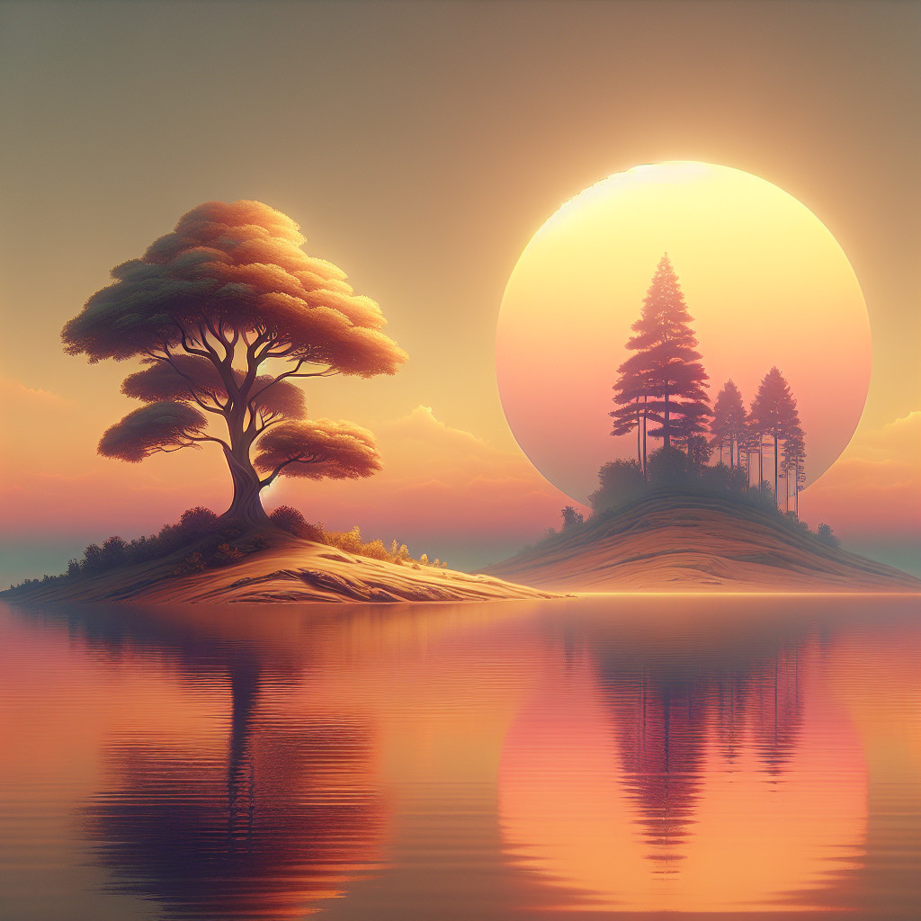 Serene Landscape with Islands and Sunset Reflection