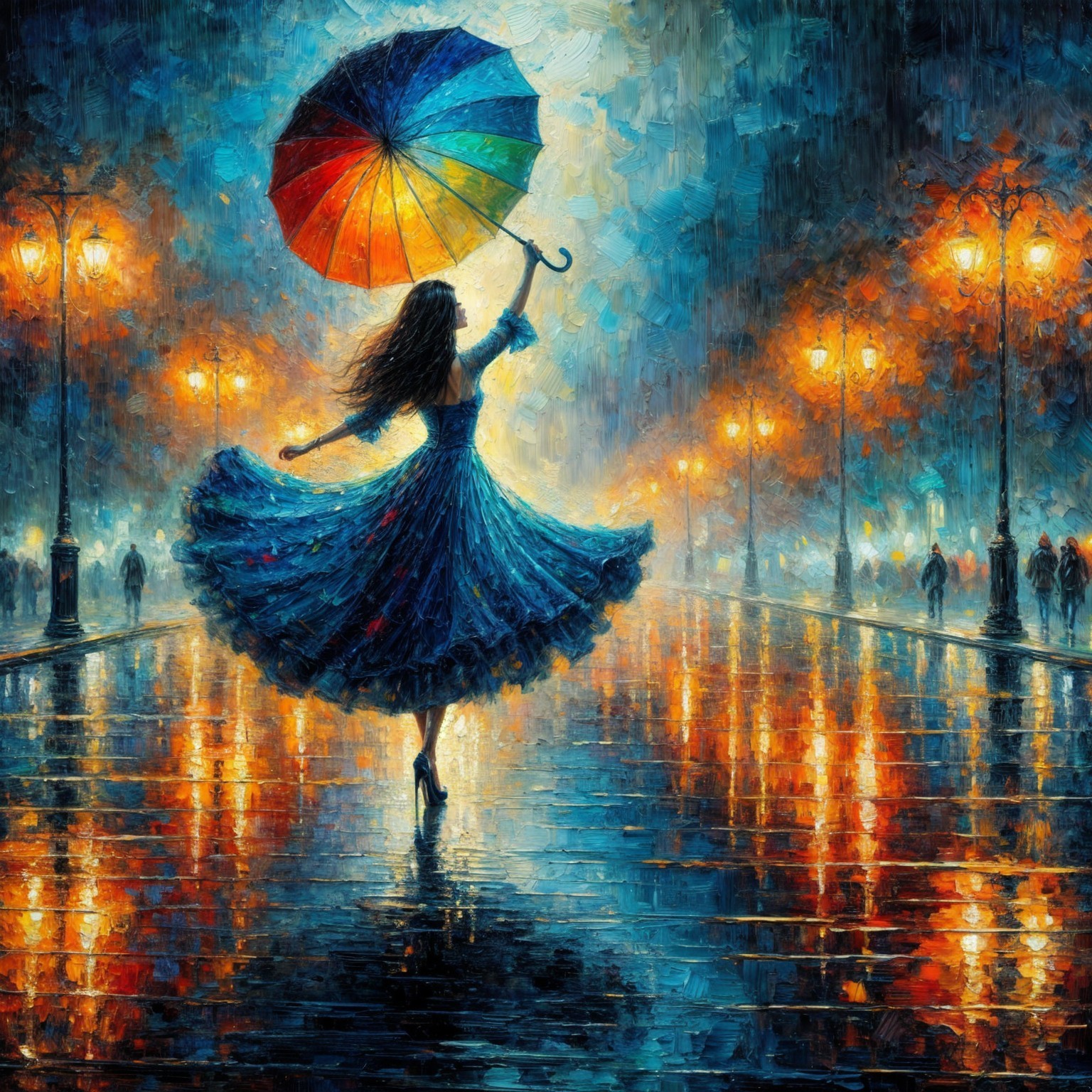 Woman in Blue Dress Twirling with Colorful Umbrella