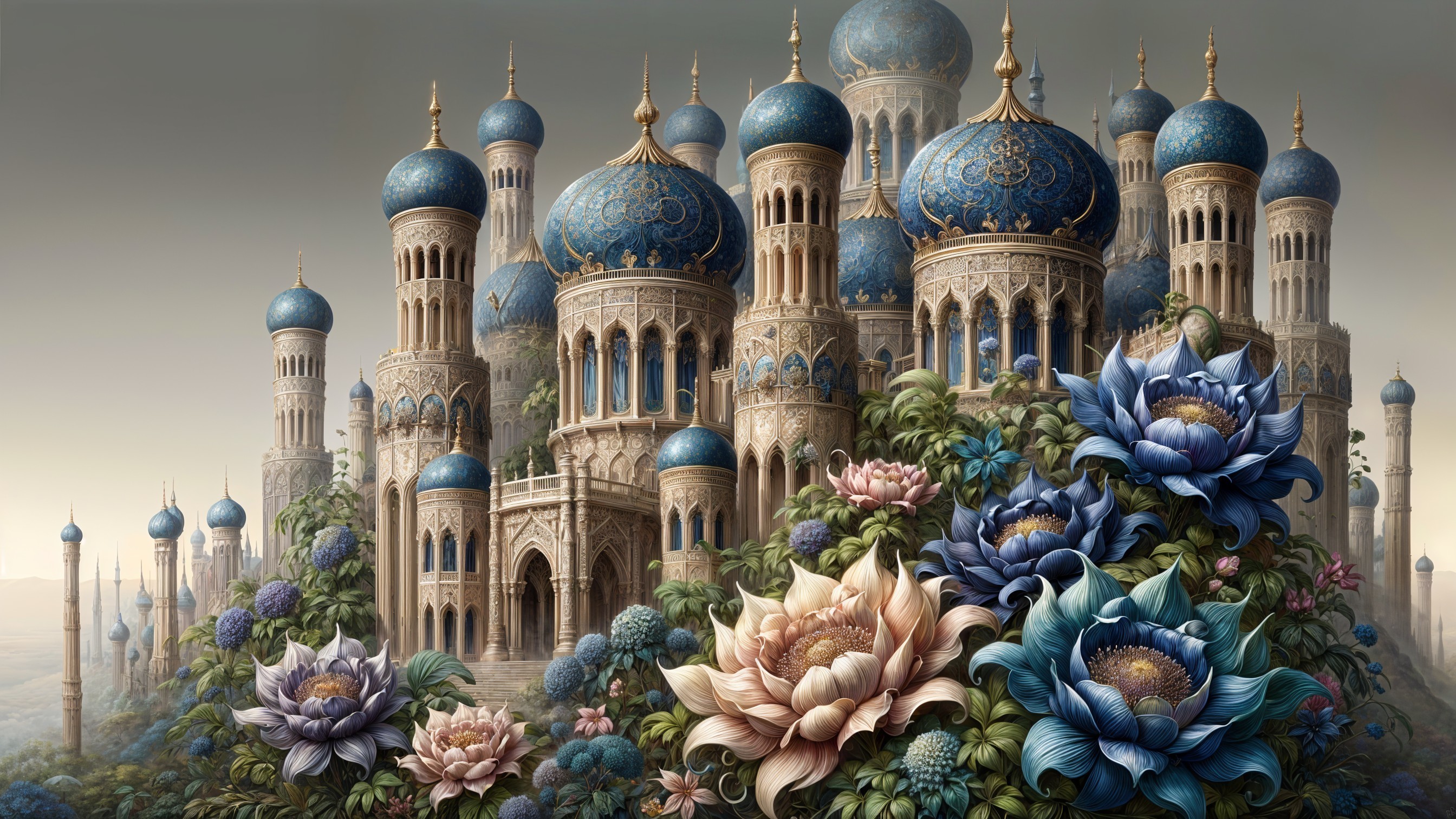 Fantastical palace with blue domes and vibrant flowers