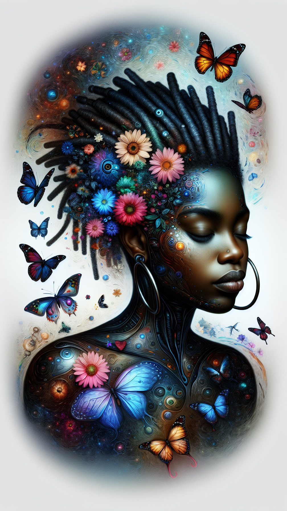 Woman with Dreadlocks and Floral Adornments