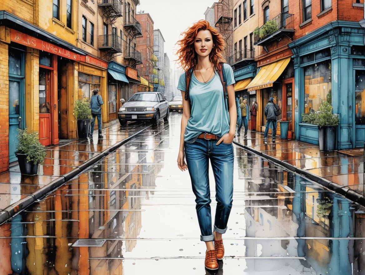 Urban Street Scene After Rain with Colorful Storefronts