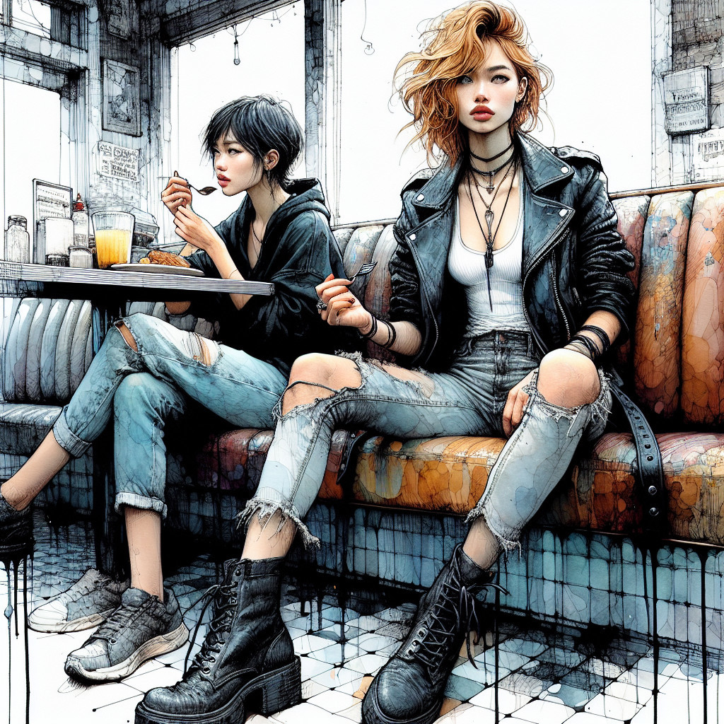 Stylish Women in Retro Diner with Vibrant Decor