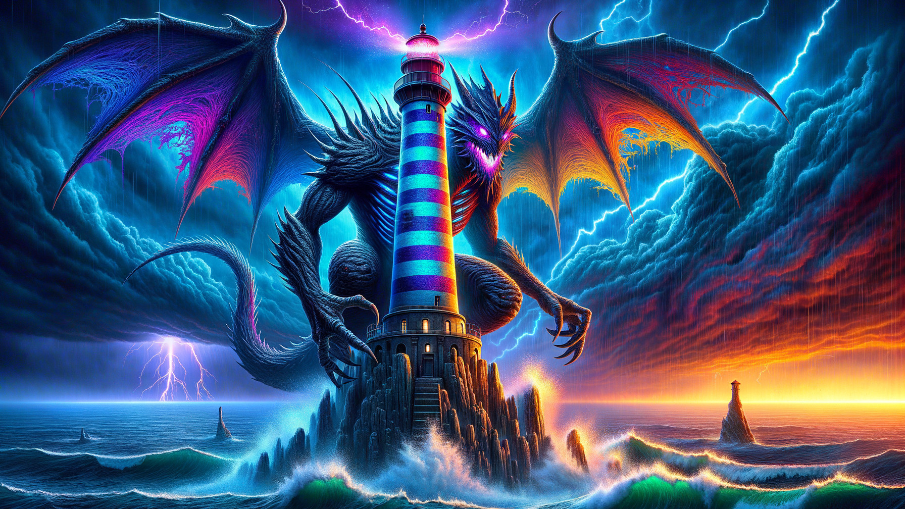 Lighthouse and Dragon Amidst Stormy Seas and Skies