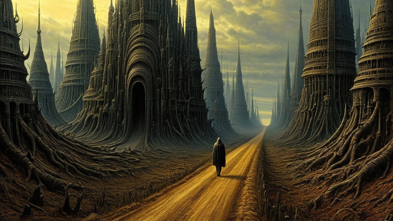 Lone Figure on Golden Path in Dark Fantasy Landscape