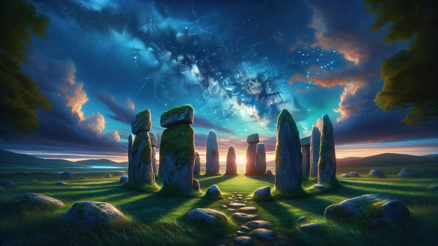 Mystical Stone Circle Under Starry Evening Sky