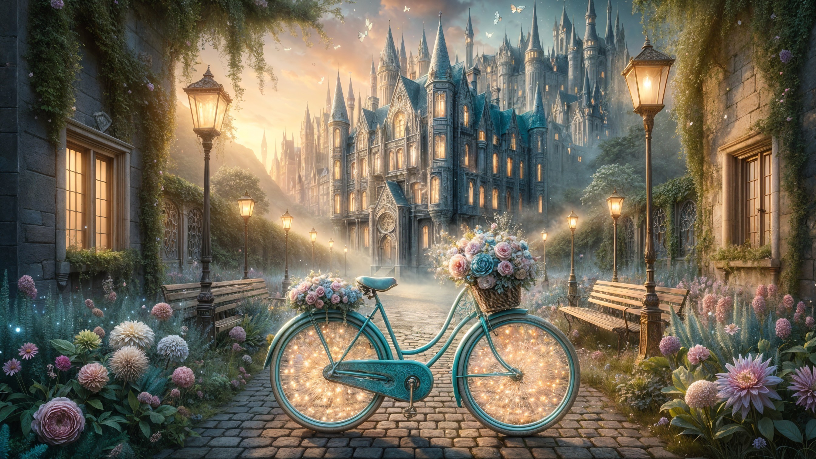 Vintage Bicycle with Flowers Near Castle Pathway