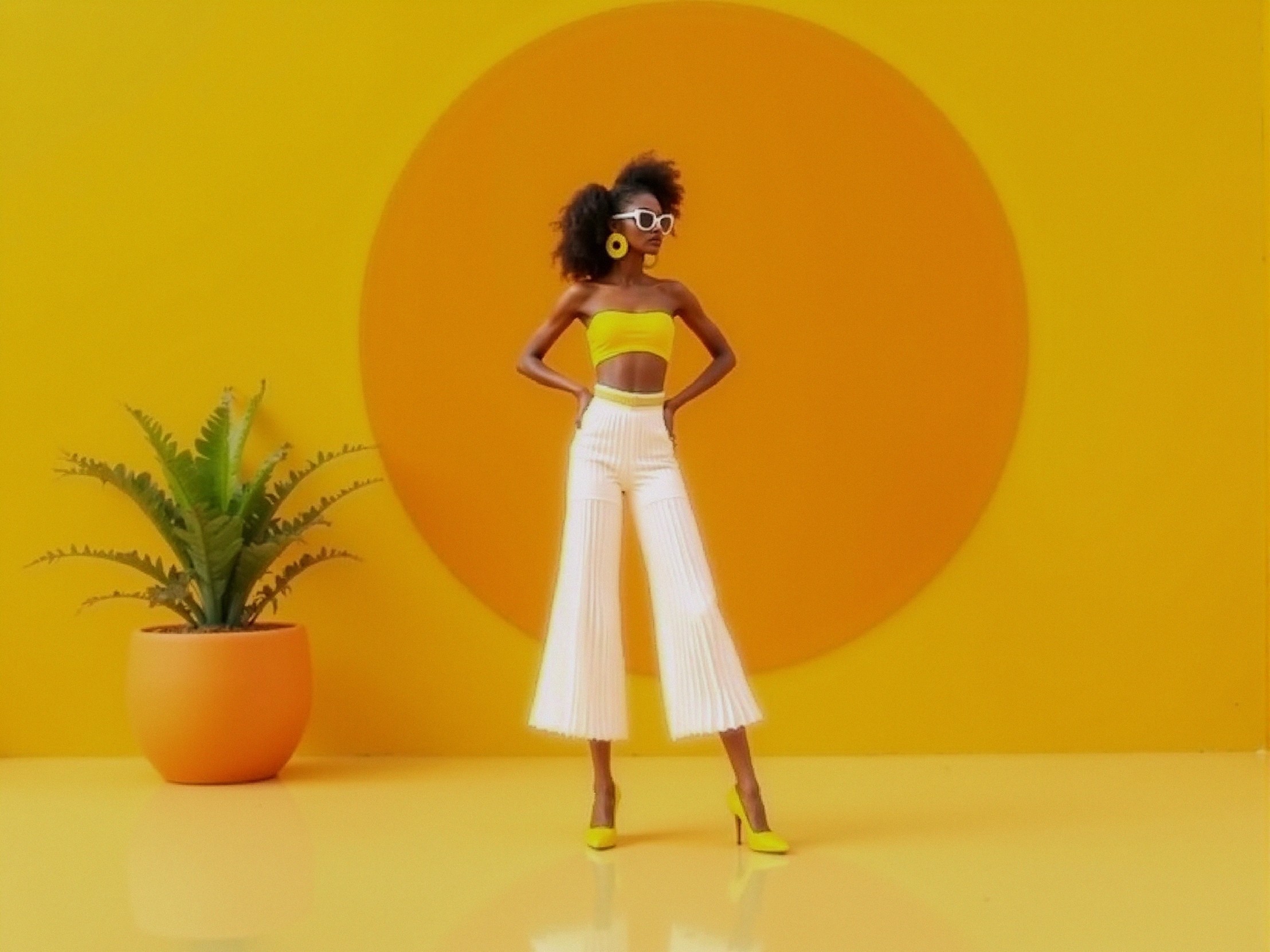 Stylish Figure in Yellow with Vibrant Backdrop