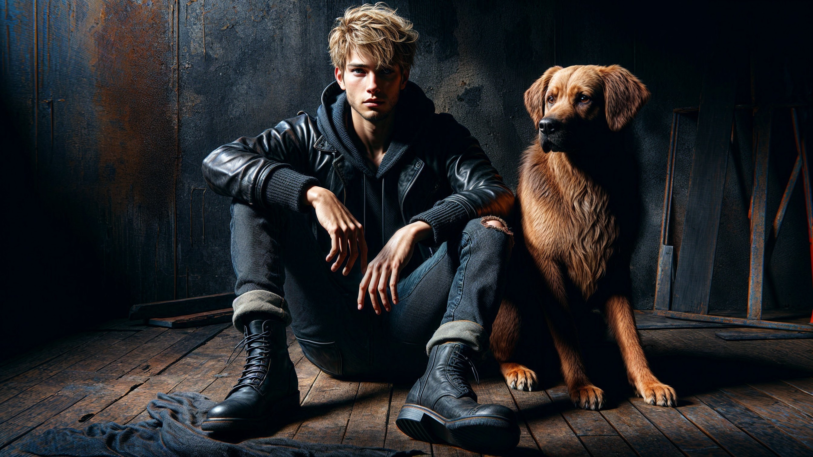 Young Man in Leather Jacket with Golden Retriever