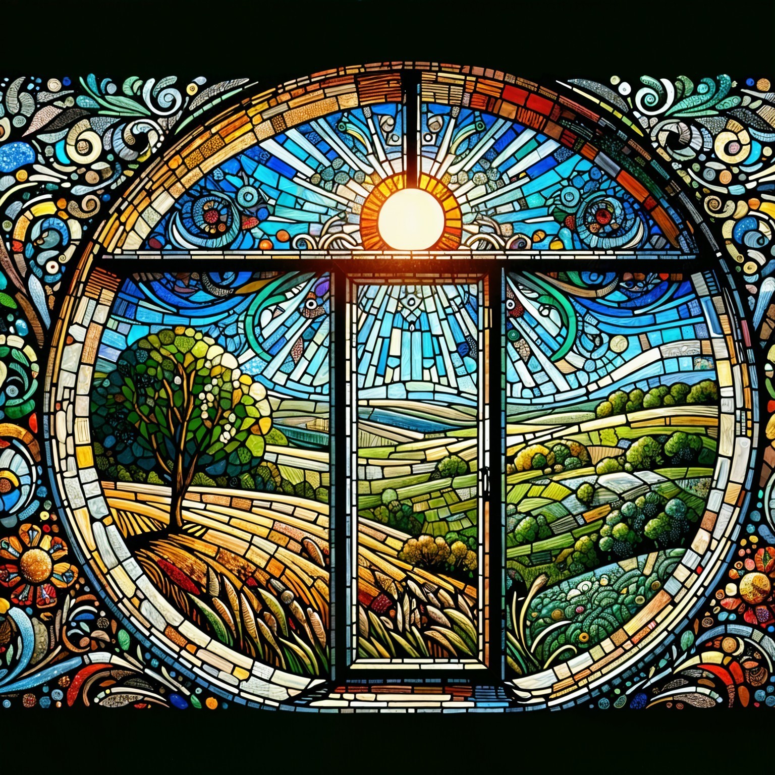 Vibrant Stained Glass Window with Scenic Landscape