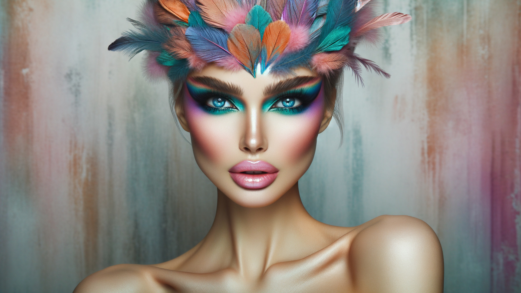 Model with Dramatic Makeup and Feather Crown